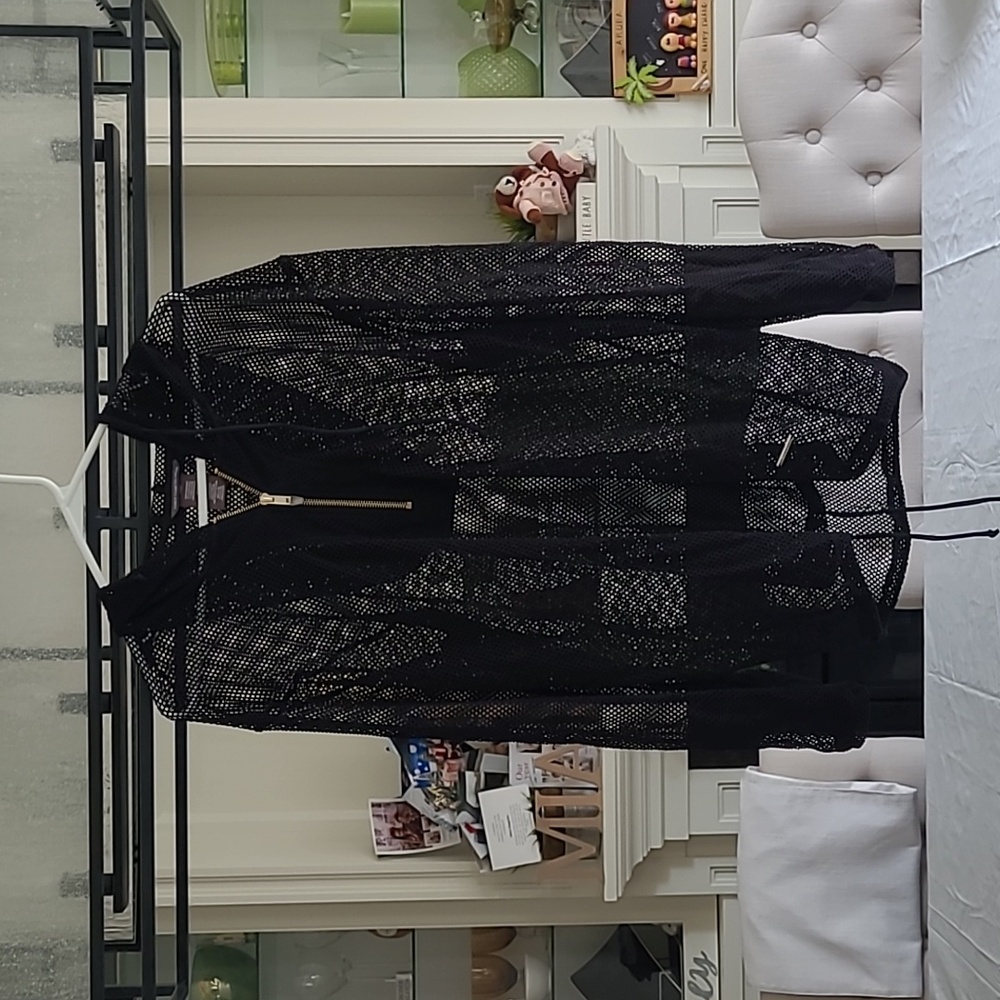Vince Camuto Black Mesh Swim Coverup with Hood